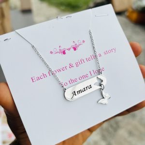 Engraved silver butterfly necklace with card