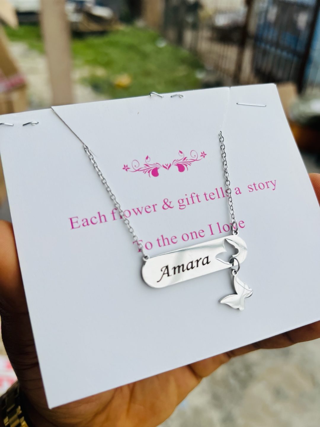Engraved silver butterfly necklace with card