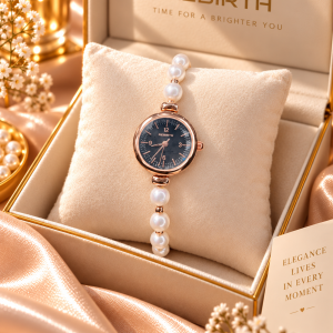 Rebirth pearls rose gold black face dropping watch