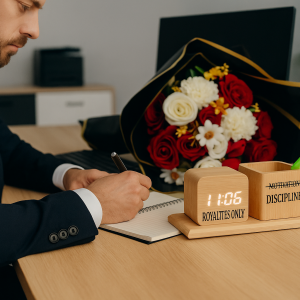 Engraved wooden clock table pen holder