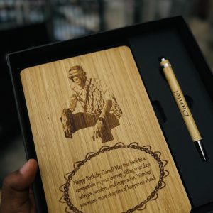 Engraved picture wooden book and pen set