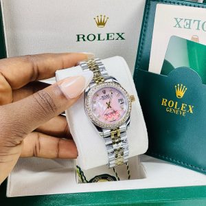 Rolex stoned pink face 2 toned watch with exact box and bag!