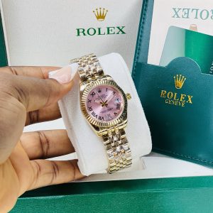 Rolex stoned pink face gold watch with exact box and bag!