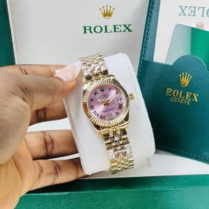 Rolex stoned pink face gold watch with exact box and bag!