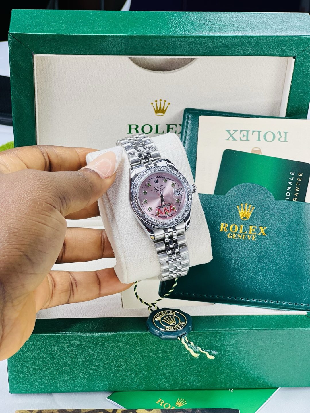 Silver Rolex watch/ green stones with exact box and bag! - Image 5