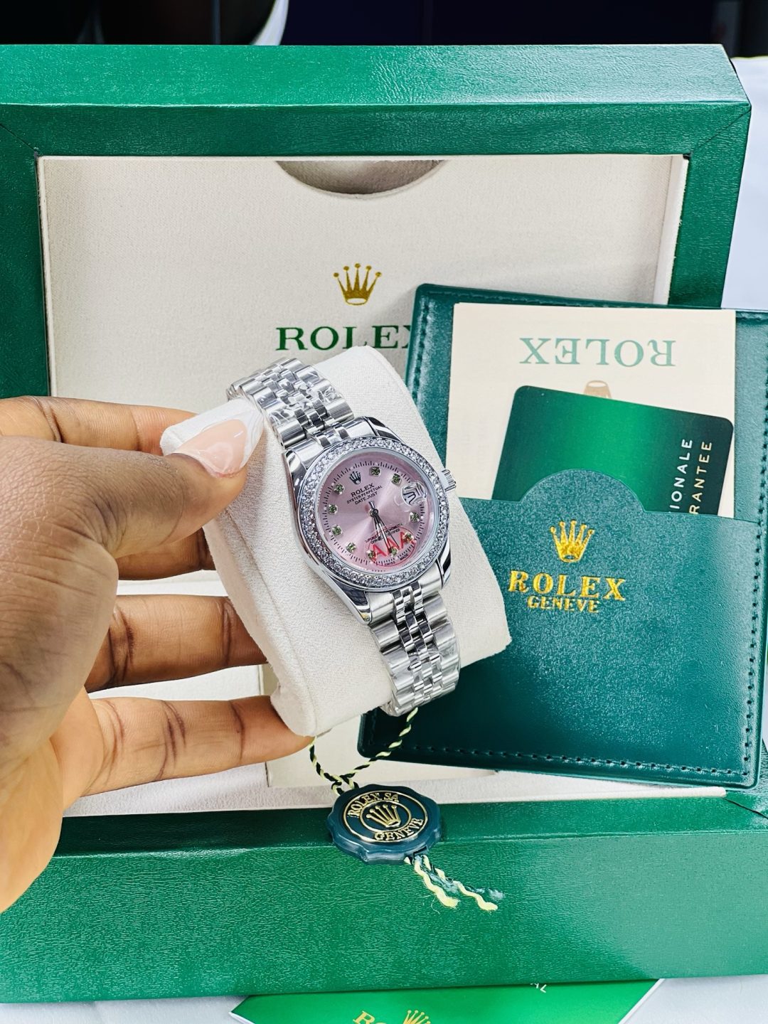 Silver Rolex watch/ green stones with exact box and bag!