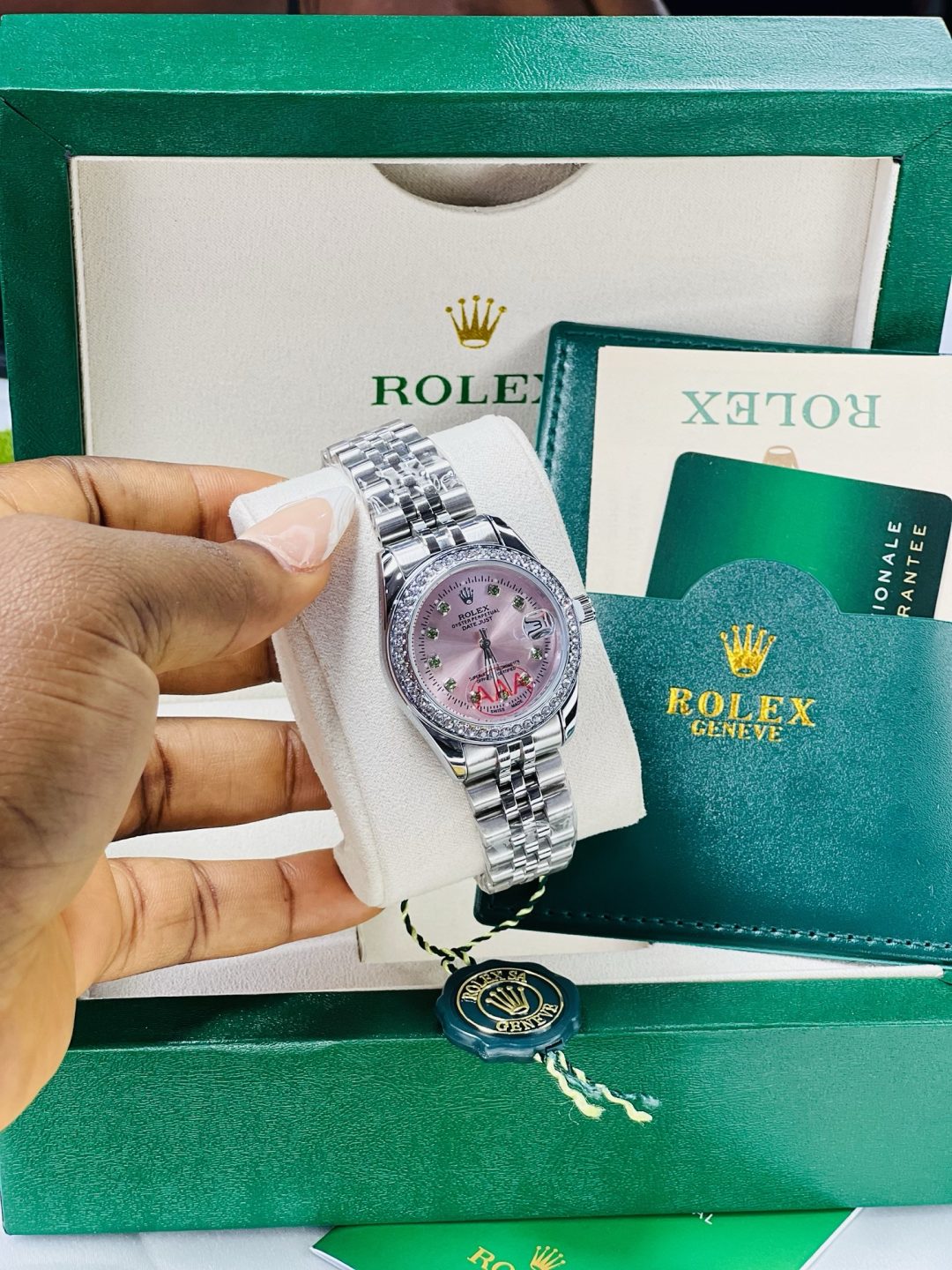 Silver Rolex watch/ green stones with exact box and bag! - Image 3