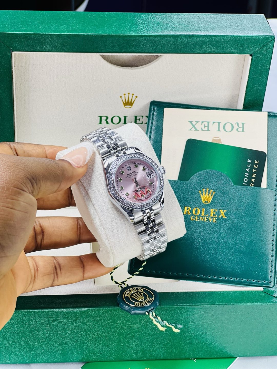 Silver Rolex watch/ green stones with exact box and bag! - Image 4
