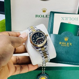 Two toned Rolex black face  watch with exact box and bag!