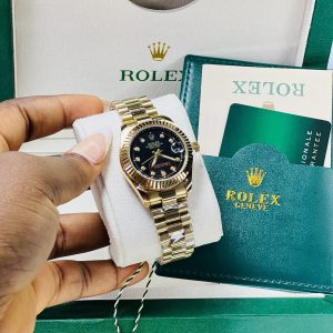Rolex Gold black face  watch with exact box and bag!