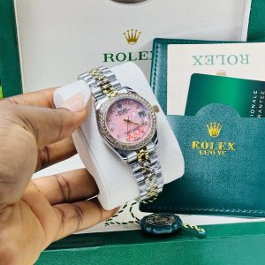 Two toned Rolex pink face watch with exact box and bag!