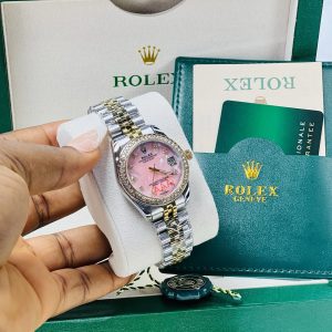 Two toned Rolex pink face watch with exact box and bag!