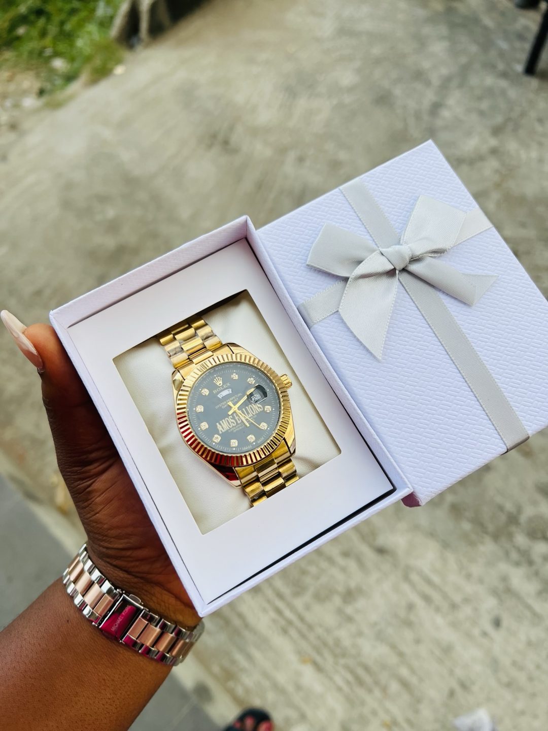 Engraved Gold black face Rolex watch - Image 4