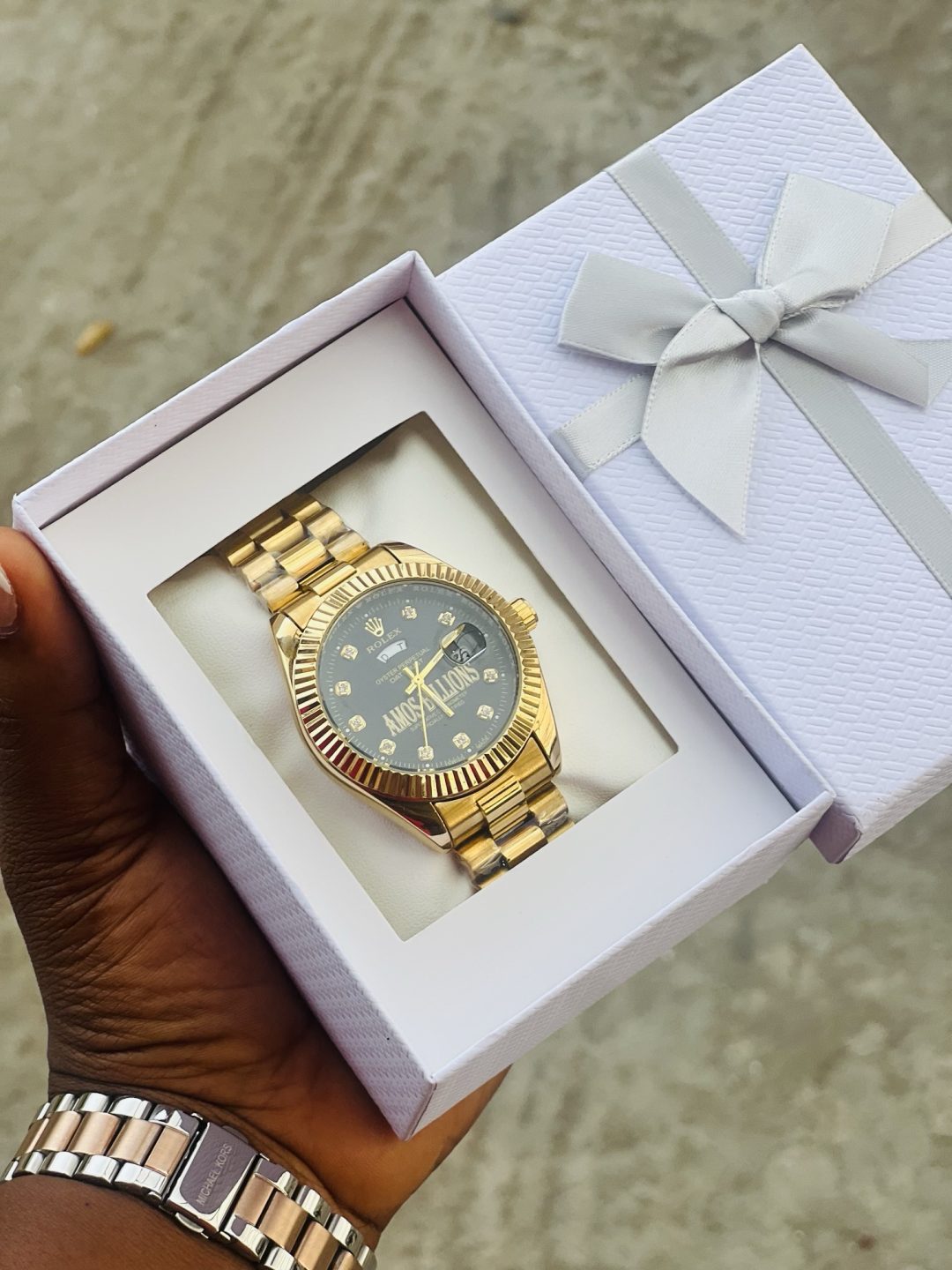 Engraved Gold black face Rolex watch - Image 3