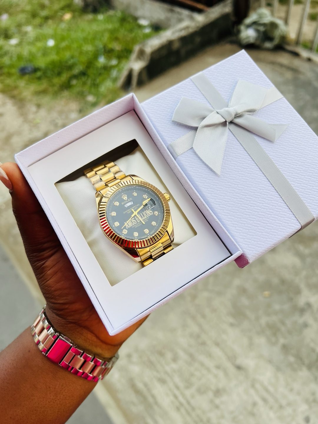 Engraved Gold black face Rolex watch - Image 2