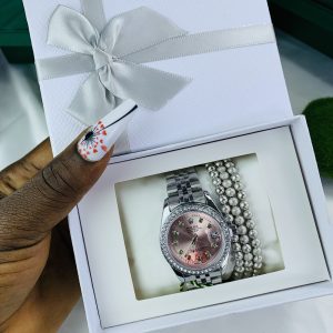 Rolex silver pink stoned face with exact box