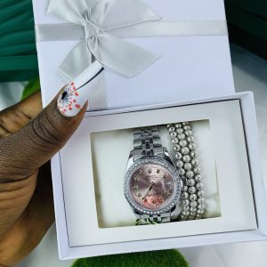 Rolex silver pink stoned face with exact box