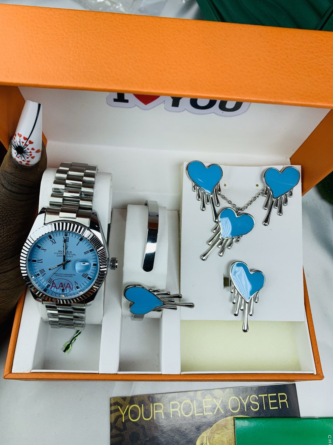 Rolex silver blue face combo comes with big paper box