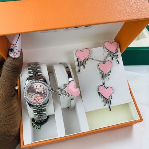 Rolex silver pink stoned face combo comes with big paper box