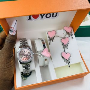 Rolex silver pink stoned face combo comes with big paper box