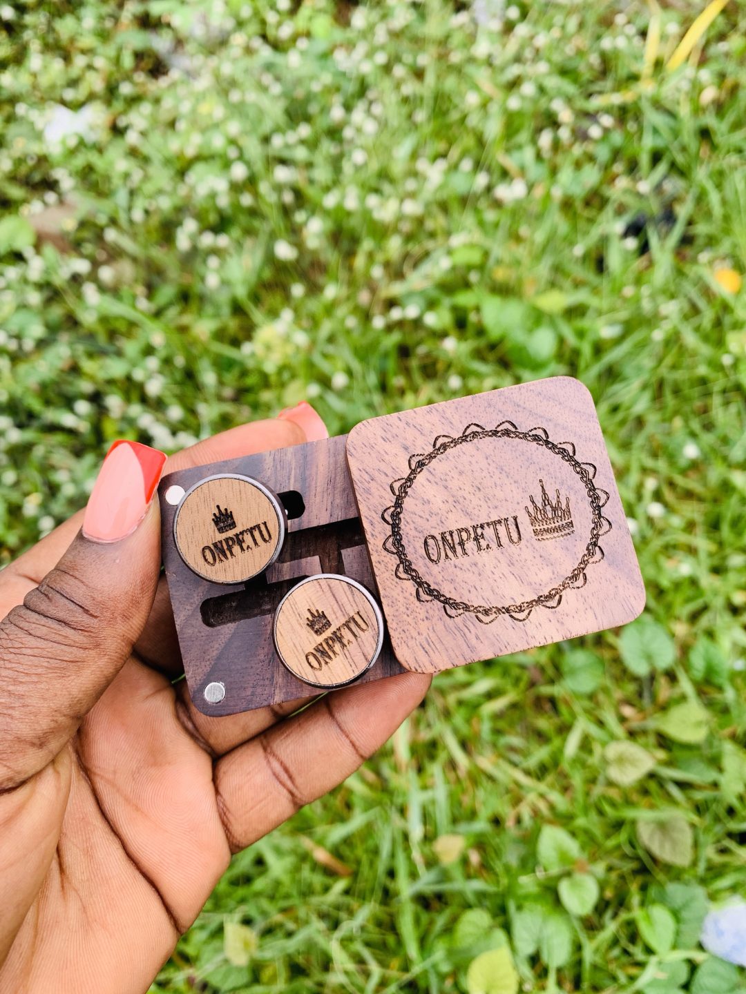 Engraved wooden cuff links with exact box!