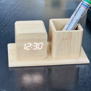Engraved wooden clock table pen holder