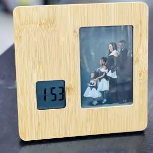 Engraved wooden picture clock table stand
