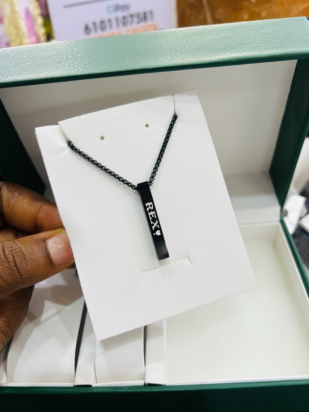 Engraved black block necklace