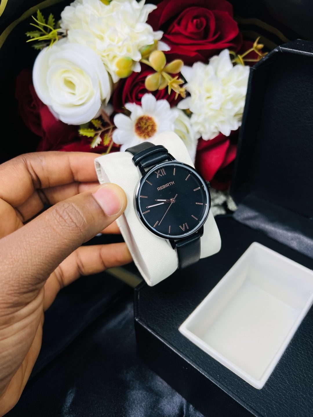 Rebirth Black leather watch