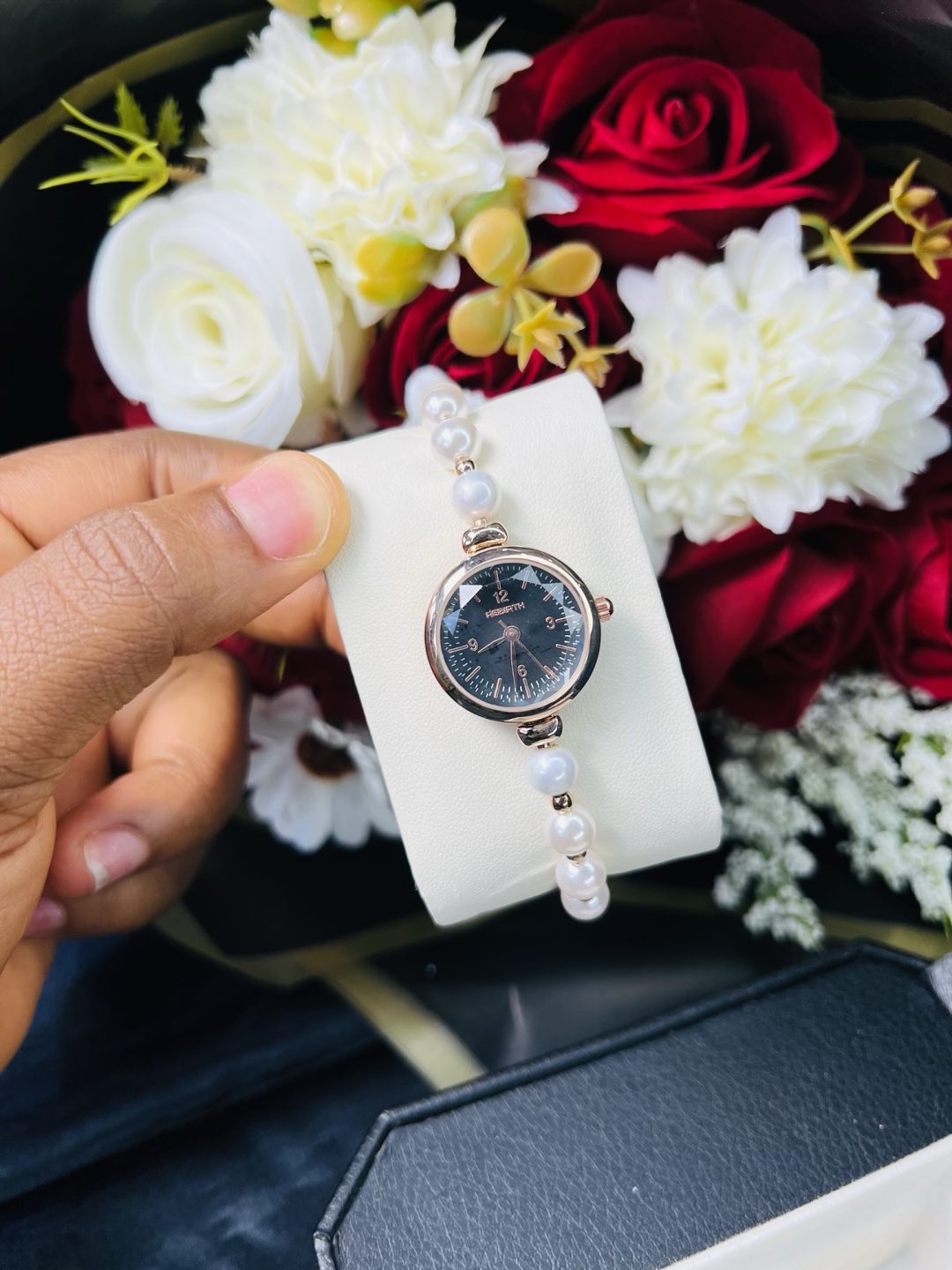 Rebirth pearls rose gold black face dropping watch - Image 3