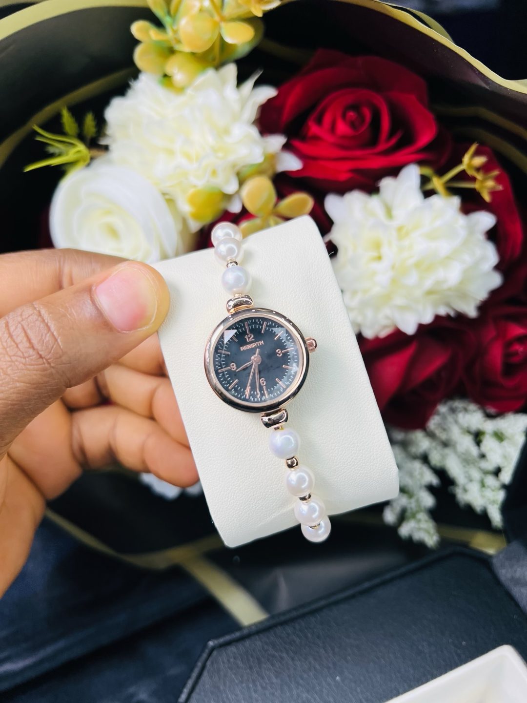 Rebirth pearls rose gold black face dropping watch - Image 2