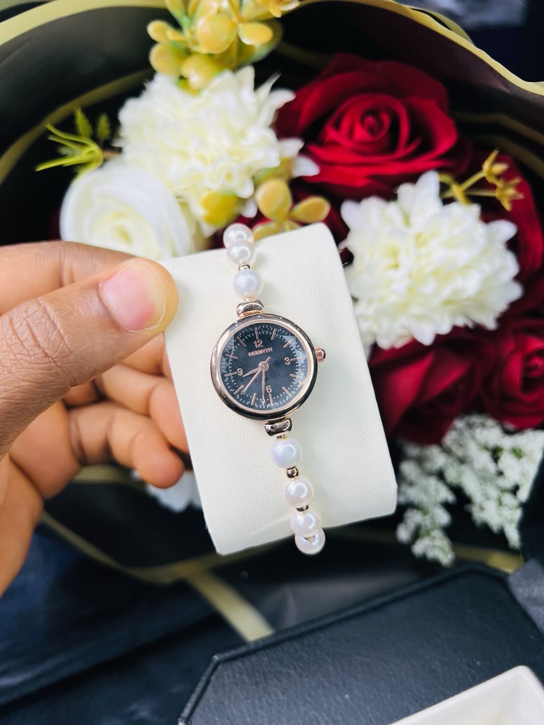 Rebirth pearls rose gold black face dropping watch - Image 4