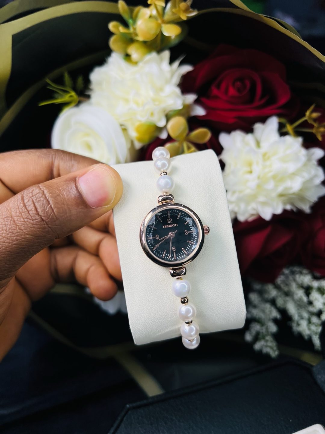 Rebirth pearls rose gold black face dropping watch - Image 5