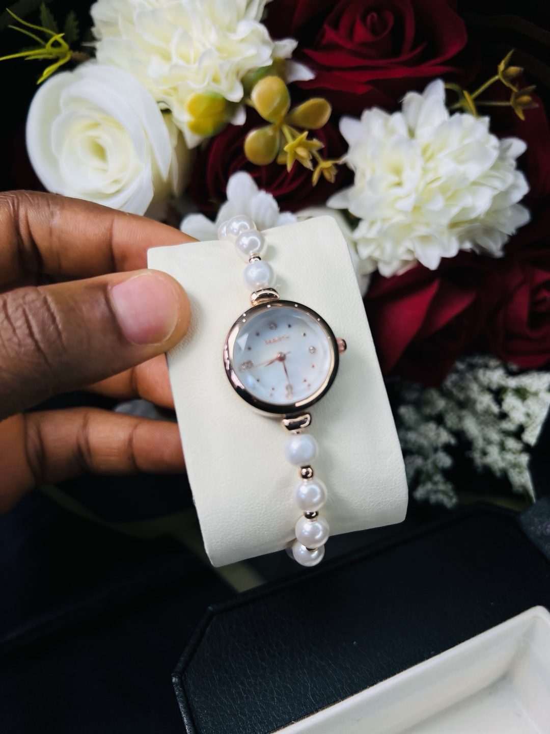 Rebirth pearls rose gold white face dropping watch