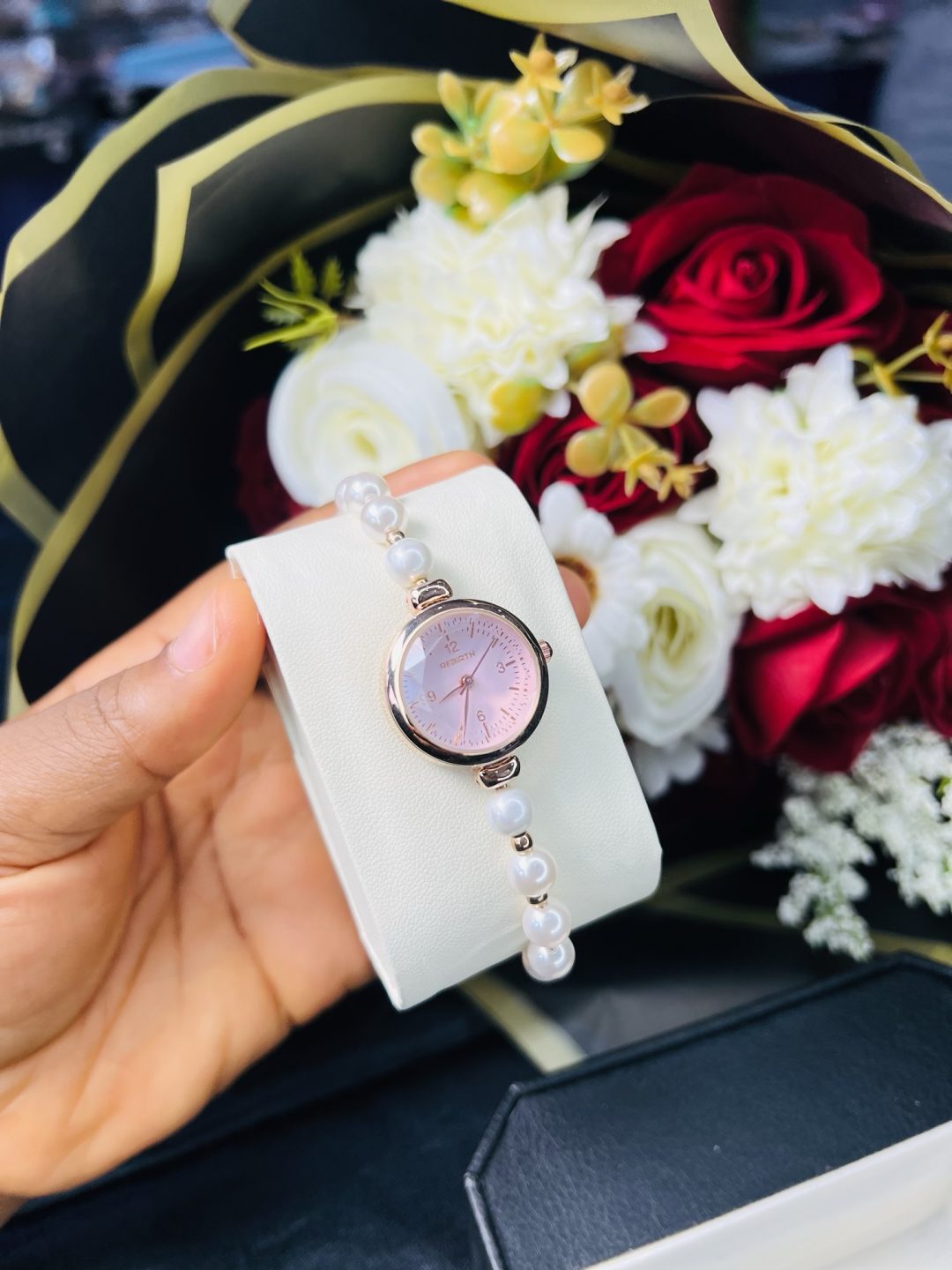 Rebirth pearls rose gold pink face dropping watch - Image 2
