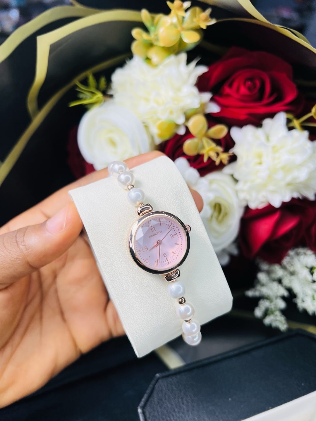 Rebirth pearls rose gold pink face dropping watch - Image 3