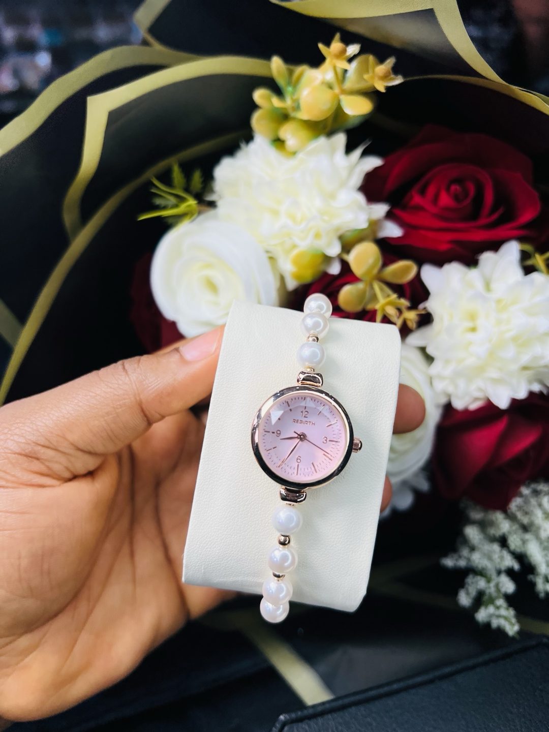 Rebirth pearls rose gold pink face dropping watch - Image 4