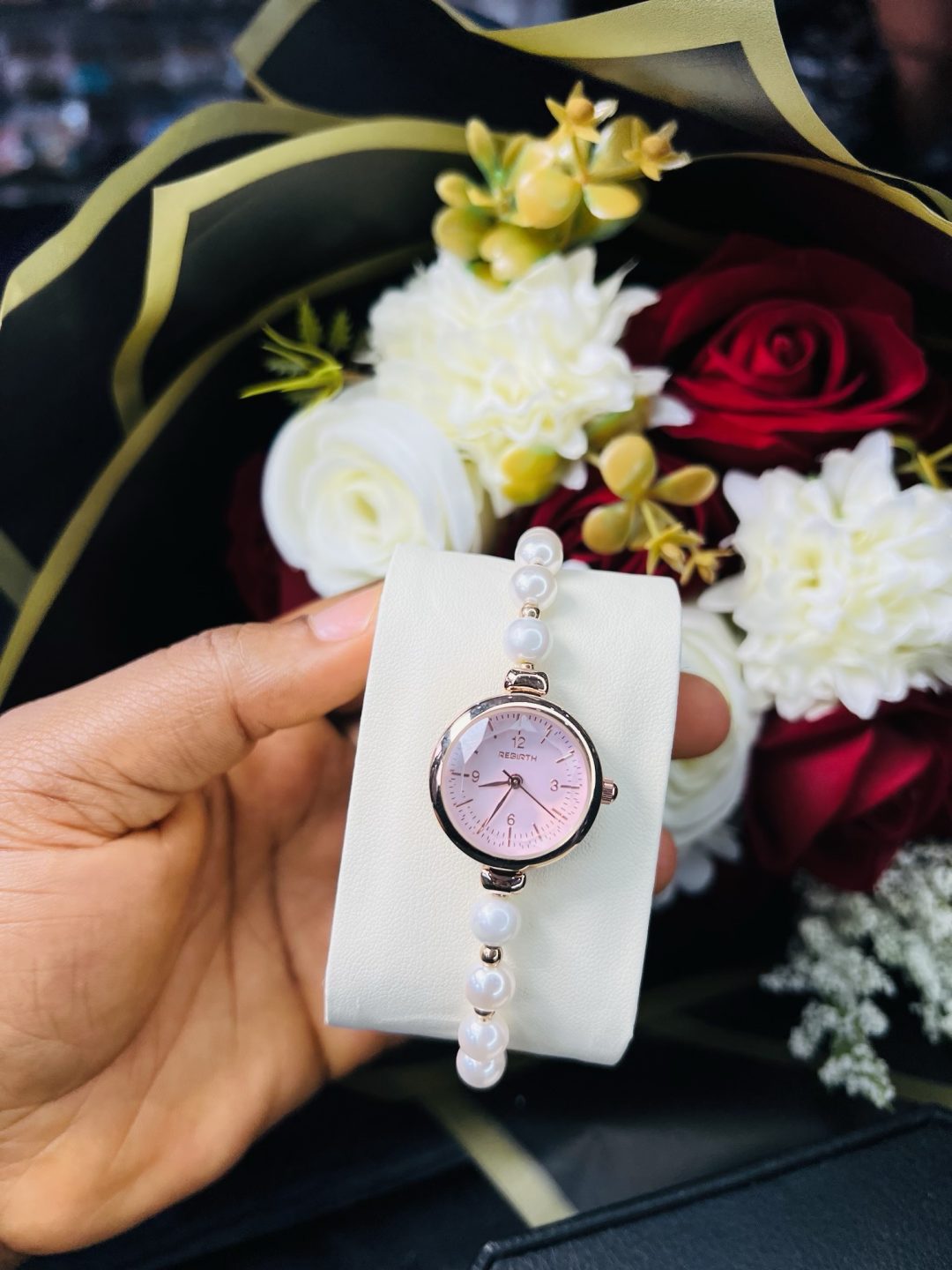 Rebirth pearls rose gold pink face dropping watch - Image 5