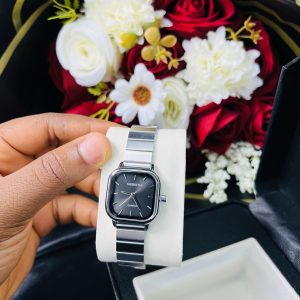 Rebirth silver square black face watch