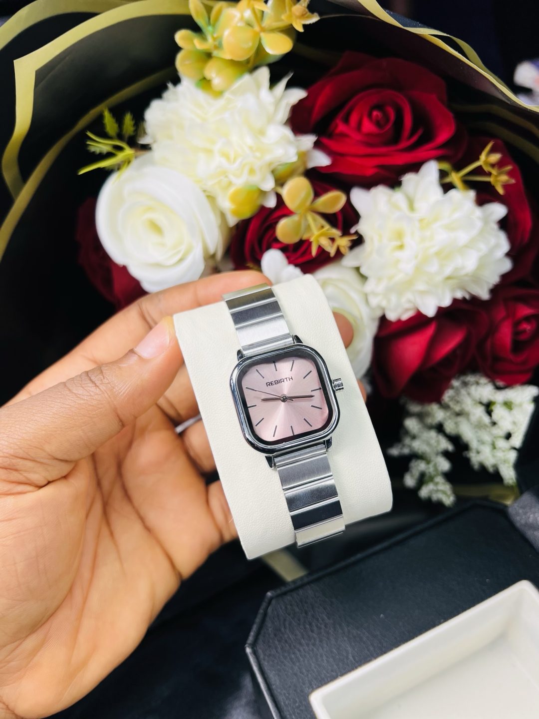 Rebirth silver square pink face watch - Image 3