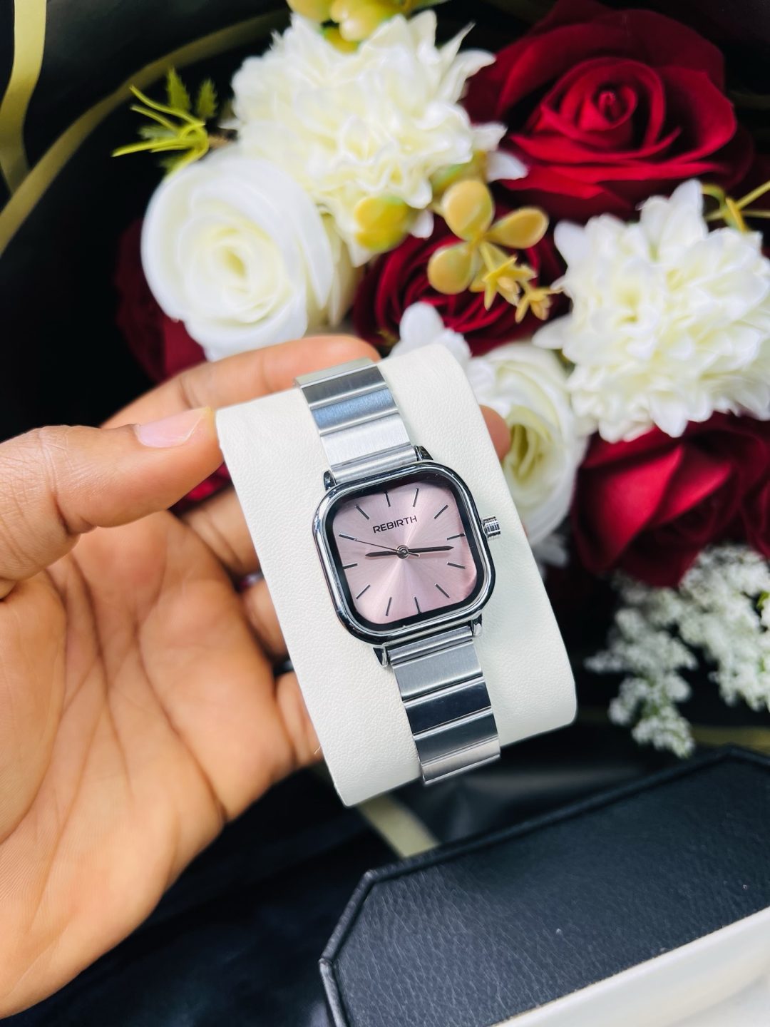 Rebirth silver square pink face watch