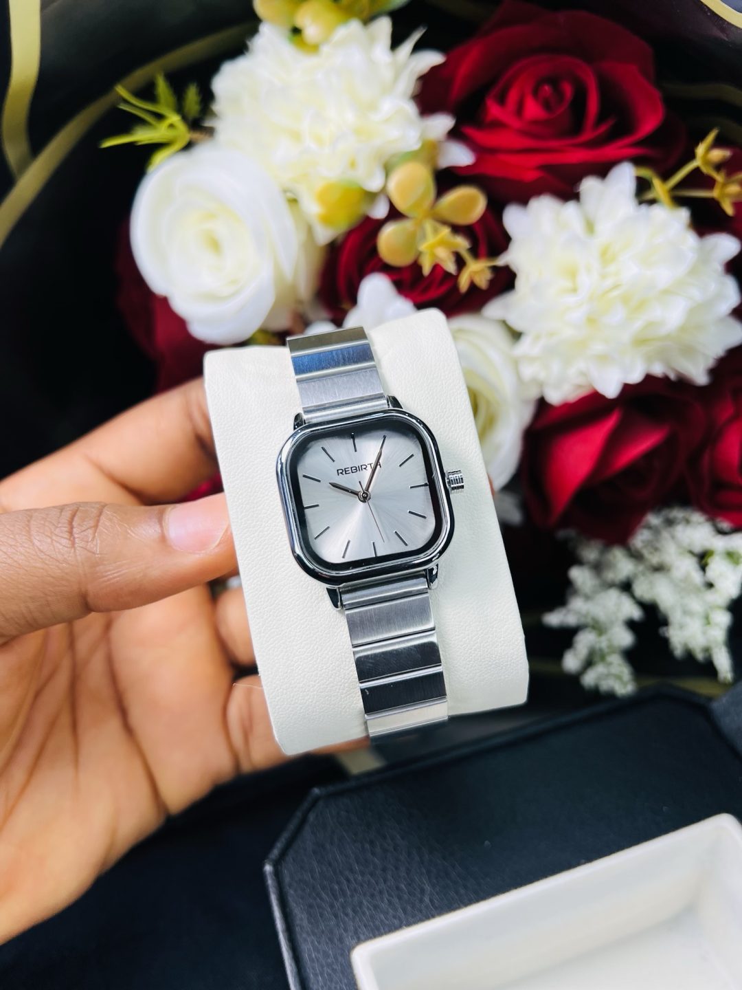 Rebirth silver square white face watch