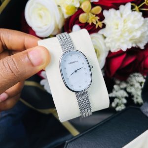 Rebirth silver white dotted face oval watch