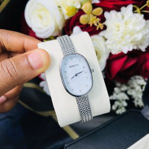 Rebirth silver white dotted face oval watch