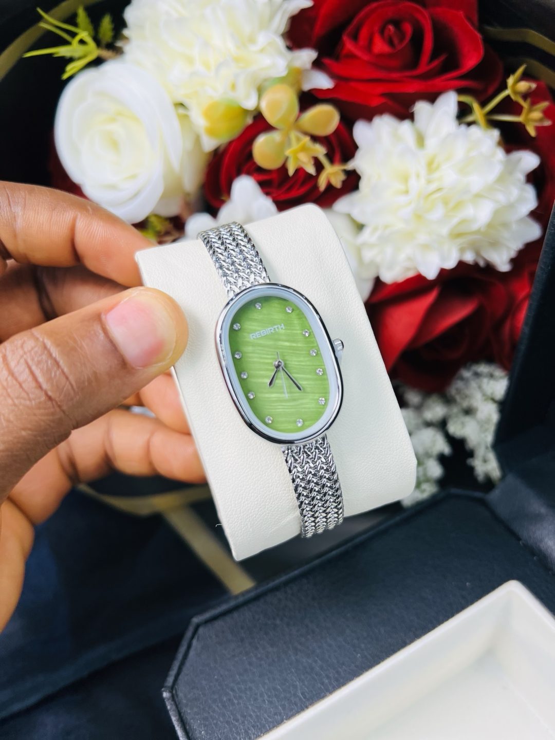 Rebirth silver green face oval watch