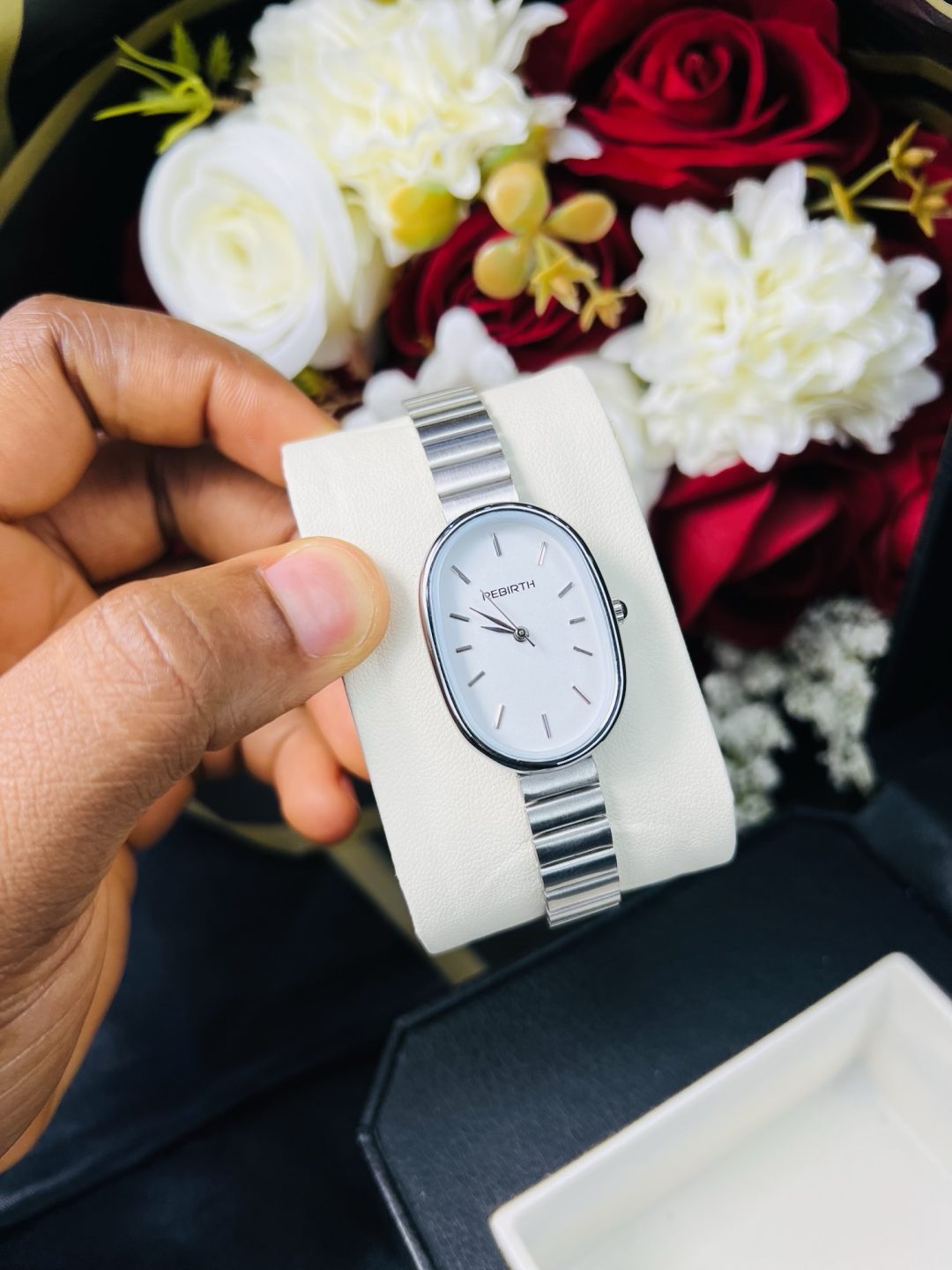 Rebirth silver white face oval watch