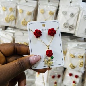 Steel rose necklace and earrings