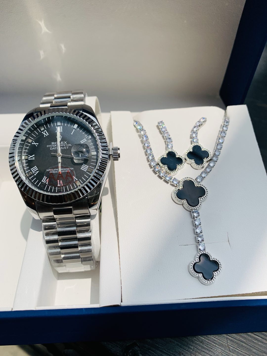 Rolex silver black face combo with paper box