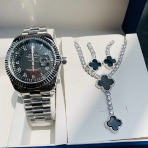 Rolex silver black face combo with paper box