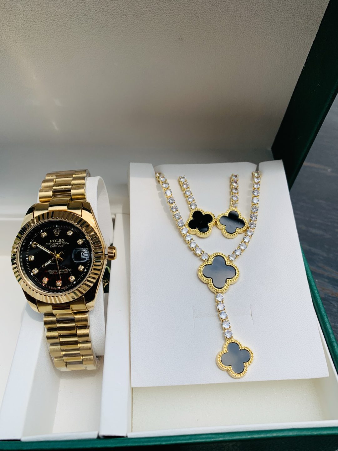 Rolex gold black face watch combo with paper box - Image 6